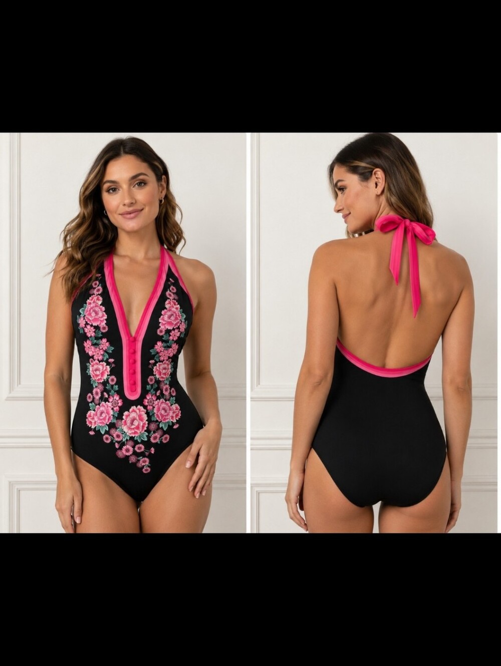 Johnny Was Blum Floral Halter One Piece Swimsuit Black Pink Floral Size M